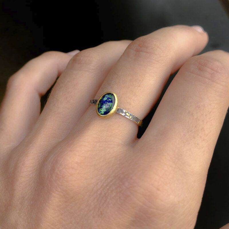 Anillo apilable opalo negro 6x8mm plata y oro 03