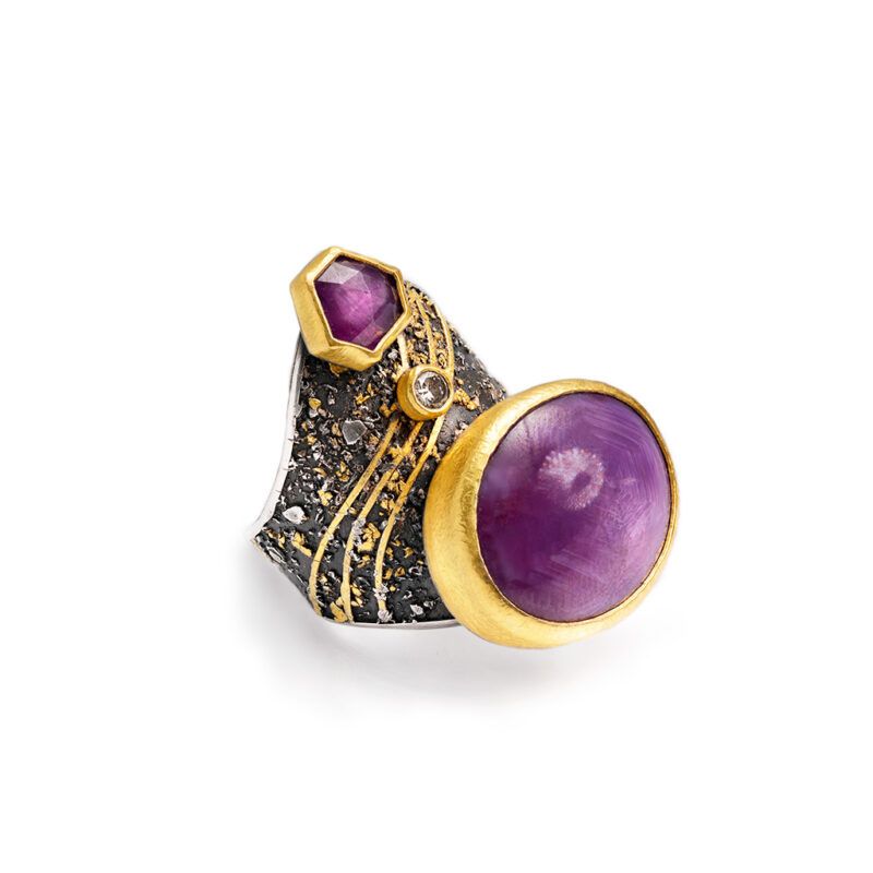 Anillo de rubies y diamante plata y oro de 22k