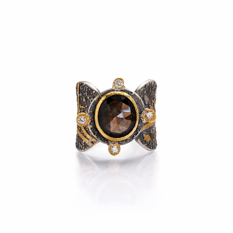 Anillo de zafiro y diamantes plata de ley y oro 22k 02
