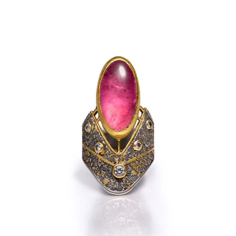 Anillo turmalina rosa y diamantes plata y oro 01