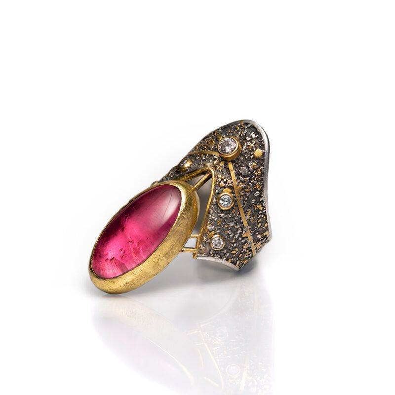 Anillo turmalina rosa y diamantes plata y oro 02