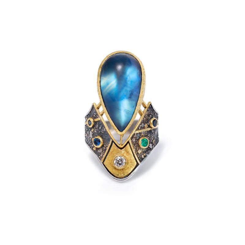 anillo de piedraluna esmeralda zafiro diamante oro y plata